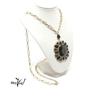 Vintage Black Statement Pendant Necklace Chunky Rhinestone 38" Chain - Hey Viv
